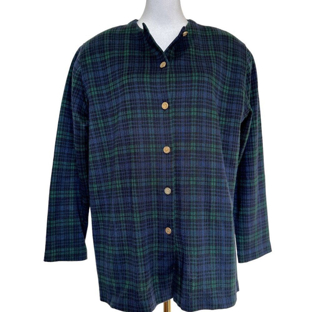 Vintage Tartan Plaid Sweater Blazer Jacket Size M Blue Green Statement Button